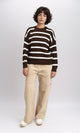 R214802 - Mock Neck Striped Knit Pullover - Brown & White