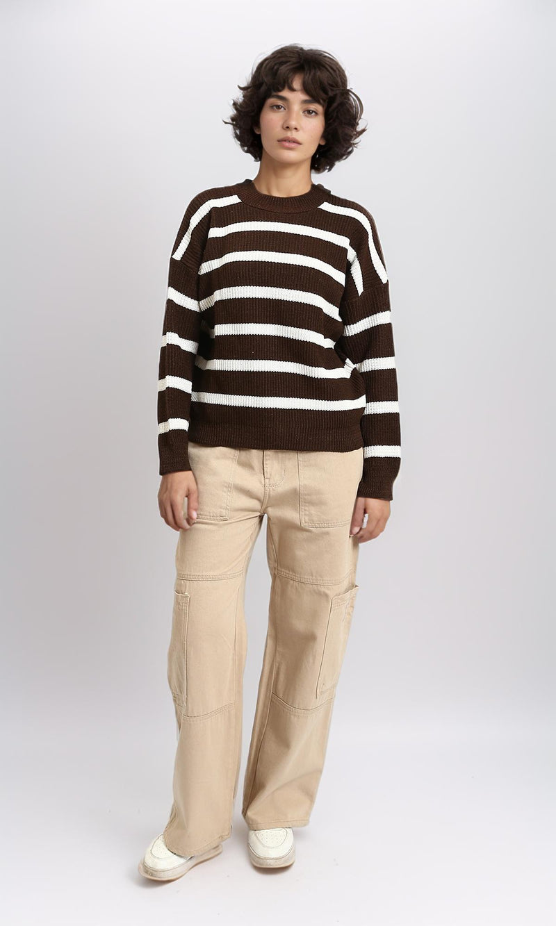 R214802 - Mock Neck Striped Knit Pullover - Brown & White
