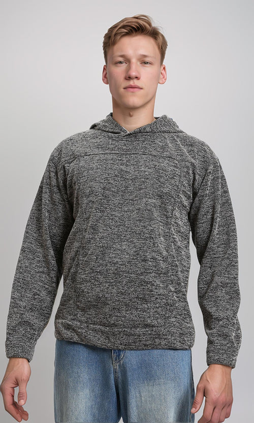R214805 - Long Sleeves Casual Textured Hoodie - Heather Black