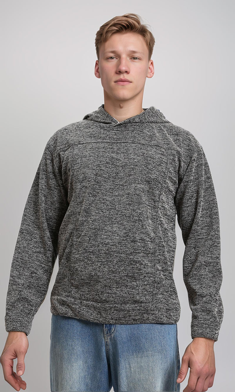R214805 - Long Sleeves Casual Textured Hoodie - Heather Black