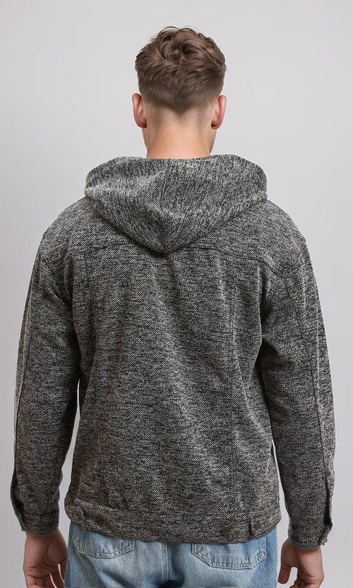 R214805 - Long Sleeves Casual Textured Hoodie - Heather Black