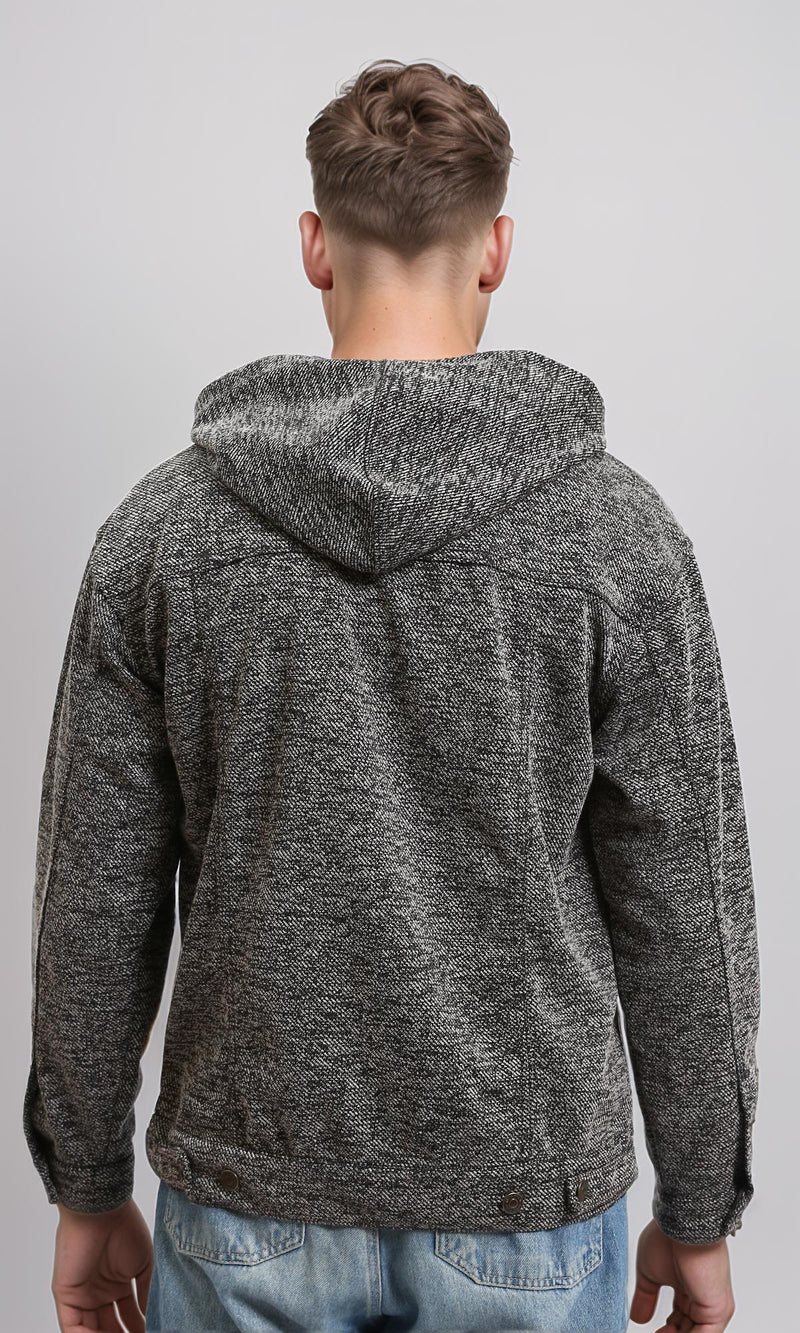 R214805 - Long Sleeves Casual Textured Hoodie - Heather Black