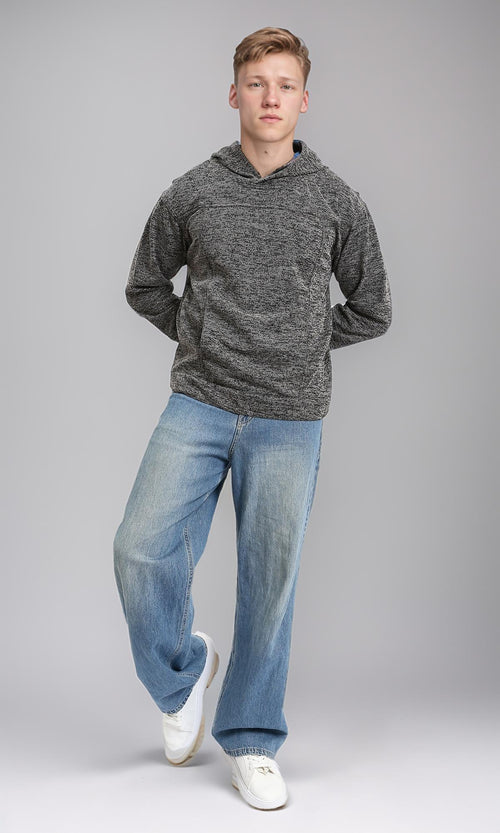 R214805 - Long Sleeves Casual Textured Hoodie - Heather Black