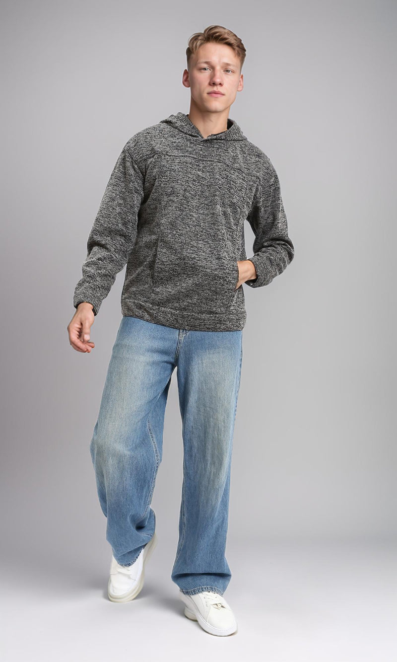 R214805 - Long Sleeves Casual Textured Hoodie - Heather Black