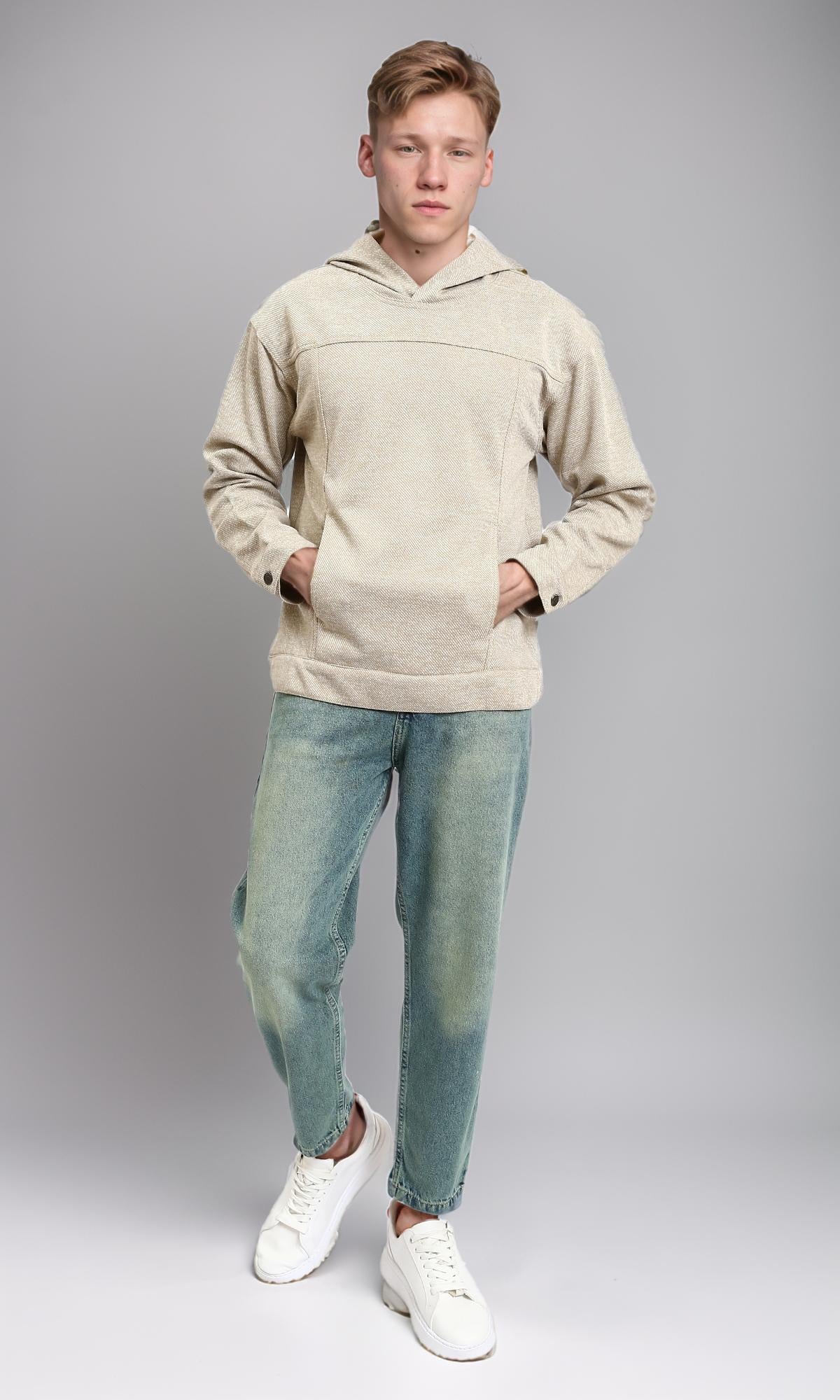 R214806 - Long Sleeves Casual Textured Hoodie - Heather Beige
