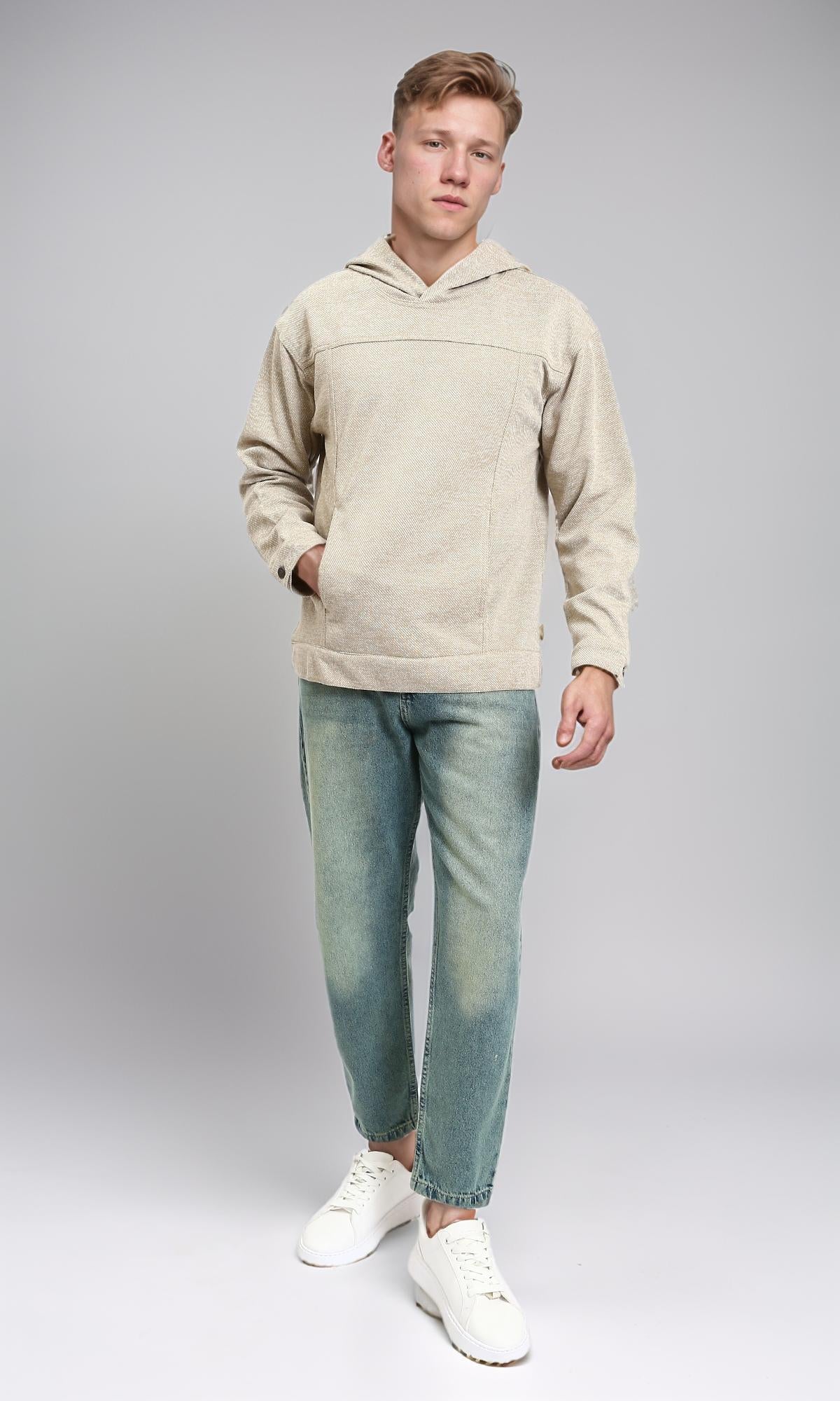 R214806 - Long Sleeves Casual Textured Hoodie - Heather Beige