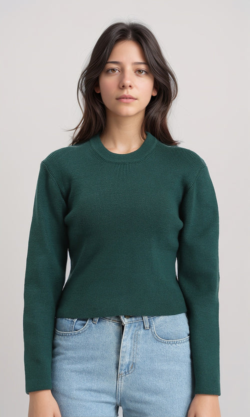 R214864 - Long Sleeves Round Neck Ribbed Pullover - Dark Green