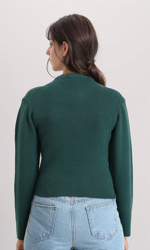 R214864 - Long Sleeves Round Neck Ribbed Pullover - Dark Green