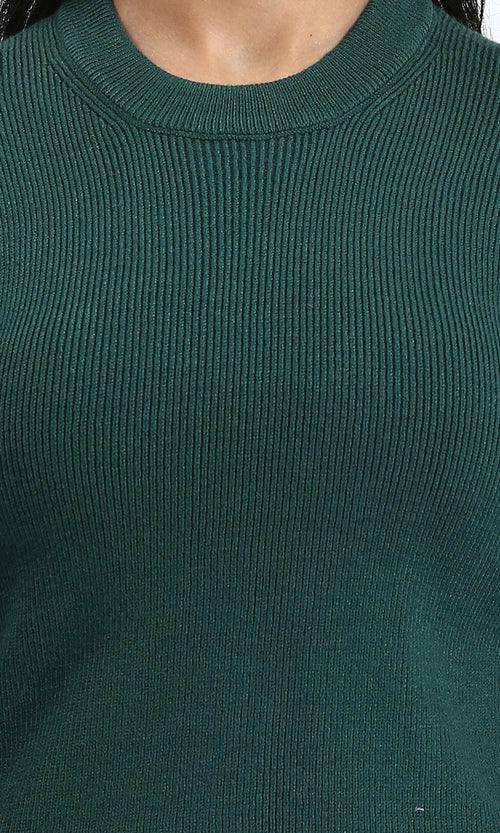 R214864 - Long Sleeves Round Neck Ribbed Pullover - Dark Green