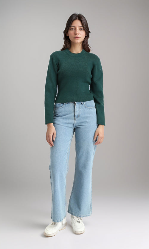 R214864 - Long Sleeves Round Neck Ribbed Pullover - Dark Green
