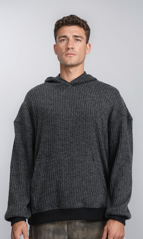 R214873 - Slip On Patterned Hoodie with Hem - Heather Black