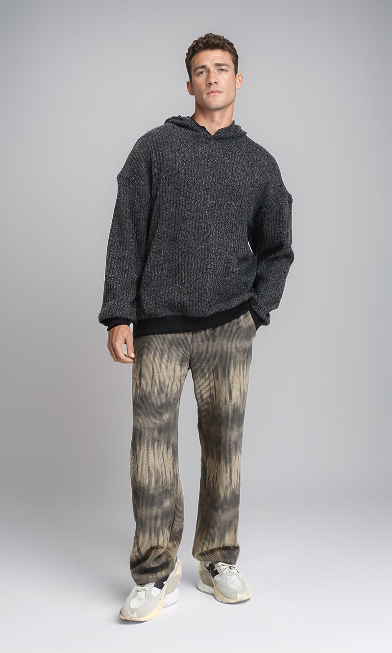 R214873 - Slip On Patterned Hoodie with Hem - Heather Black