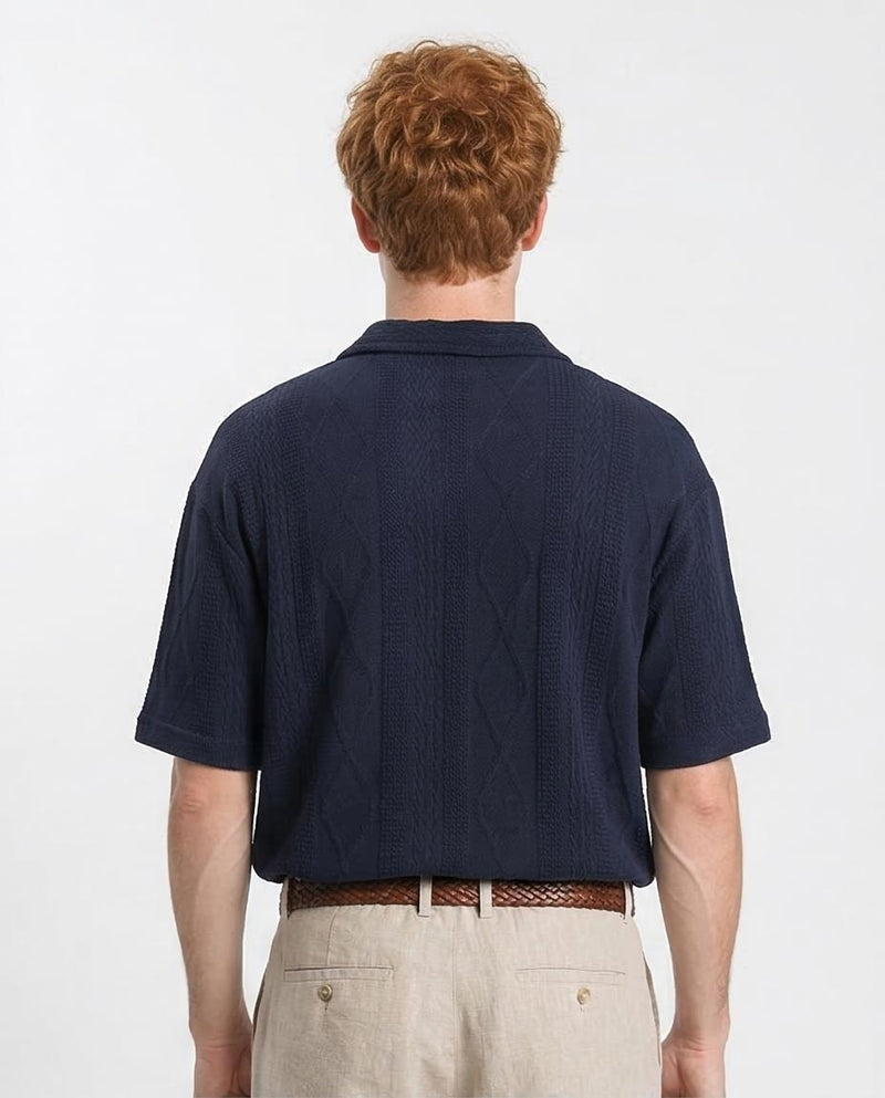 Ravin Men’s Diamond-Textured Knit Johnny Collar Polo – Navy - R214888