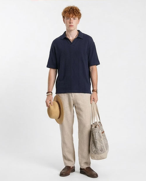 Ravin Men’s Diamond-Textured Knit Johnny Collar Polo – Navy - R214888