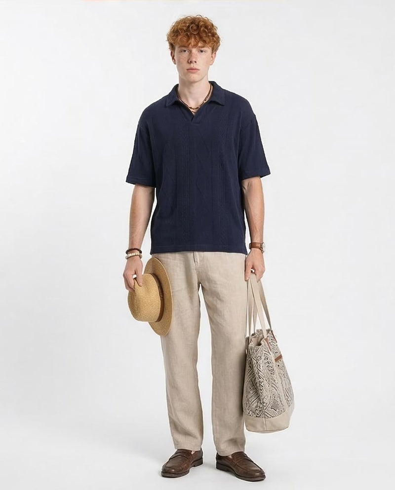 Ravin Men’s Diamond-Textured Knit Johnny Collar Polo – Navy - R214888