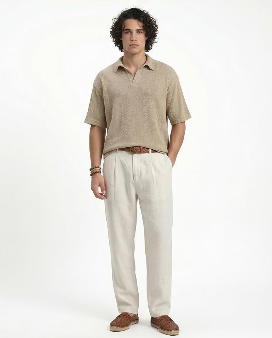 Ravin Men’s Geometric Cable-Knit Polo - Oatmeal - R214889