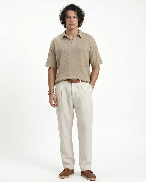 Ravin Men’s Geometric Cable-Knit Polo - Oatmeal - R214889