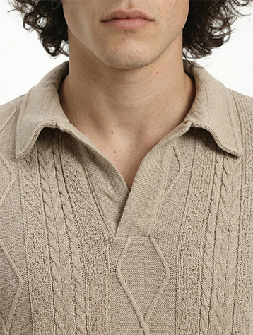 Ravin Men’s Geometric Cable-Knit Polo - Oatmeal - R214889