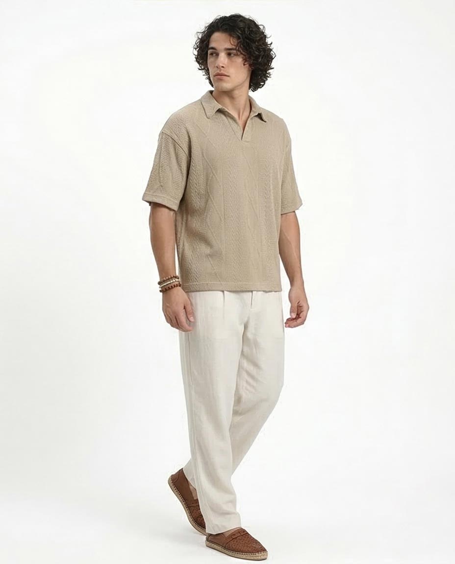 Ravin Men’s Geometric Cable-Knit Polo - Oatmeal - R214889