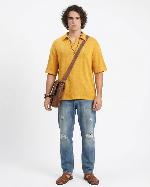 Ravin Men’s Relaxed-Fit Textured Cable-Knit Polo Shirt – Mustard Yellow - R214890