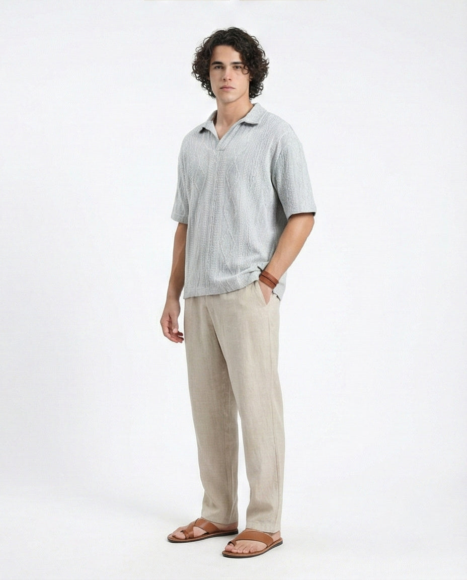 Ravin Men's Light Grey Textured Knit Polo Shirt