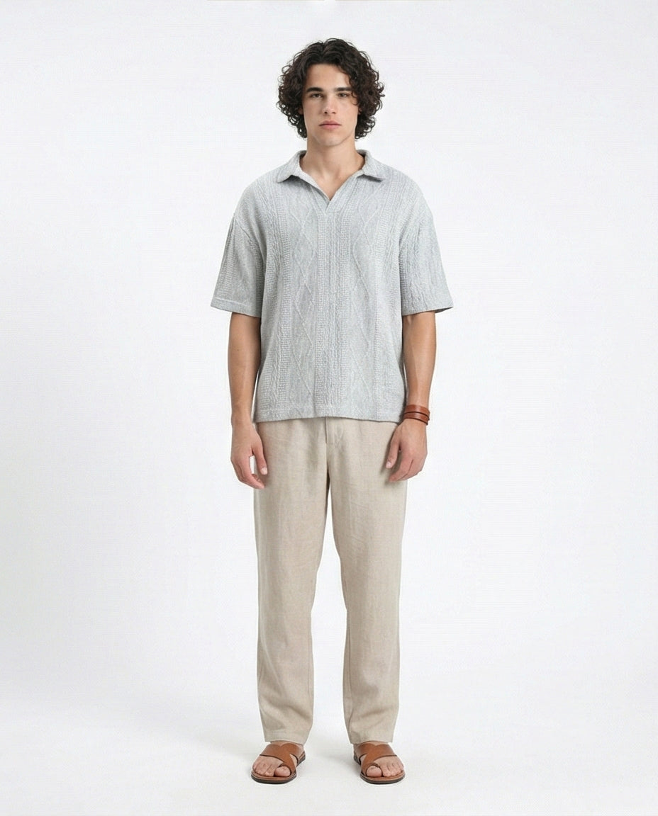 Ravin Men's Light Grey Textured Knit Polo Shirt