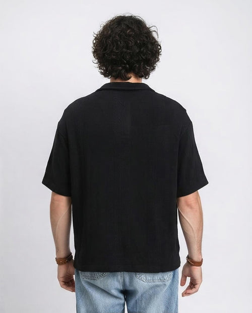 Ravin Men’s Diamond-Textured Knit Polo – Relaxed V-Neck Short Sleeve in Black - R214894