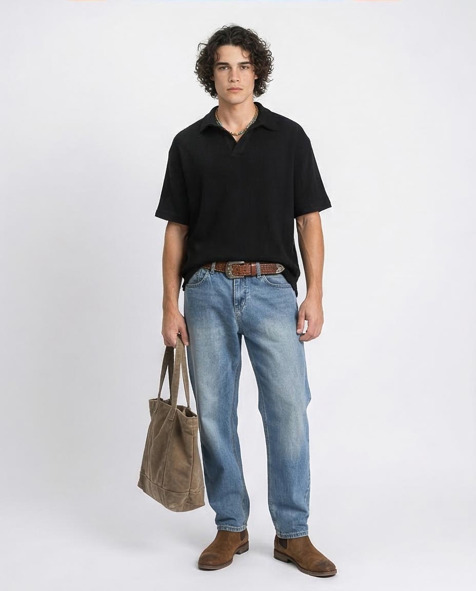 Ravin Men’s Diamond-Textured Knit Polo – Relaxed V-Neck Short Sleeve in Black - R214894