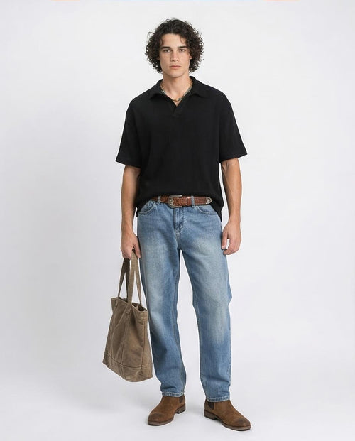 Ravin Men’s Diamond-Textured Knit Polo – Relaxed V-Neck Short Sleeve in Black - R214894