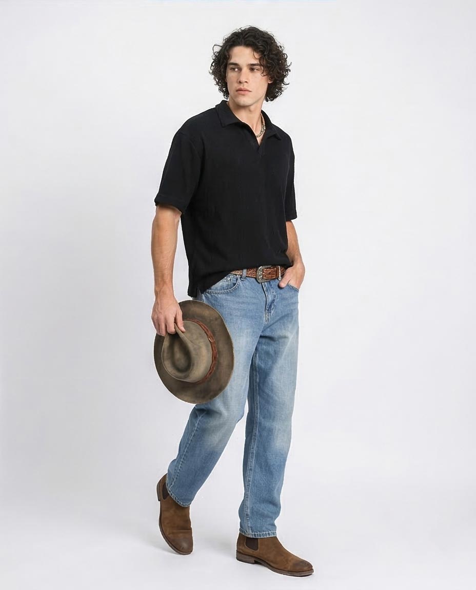 Ravin Men’s Diamond-Textured Knit Polo – Relaxed V-Neck Short Sleeve in Black - R214894