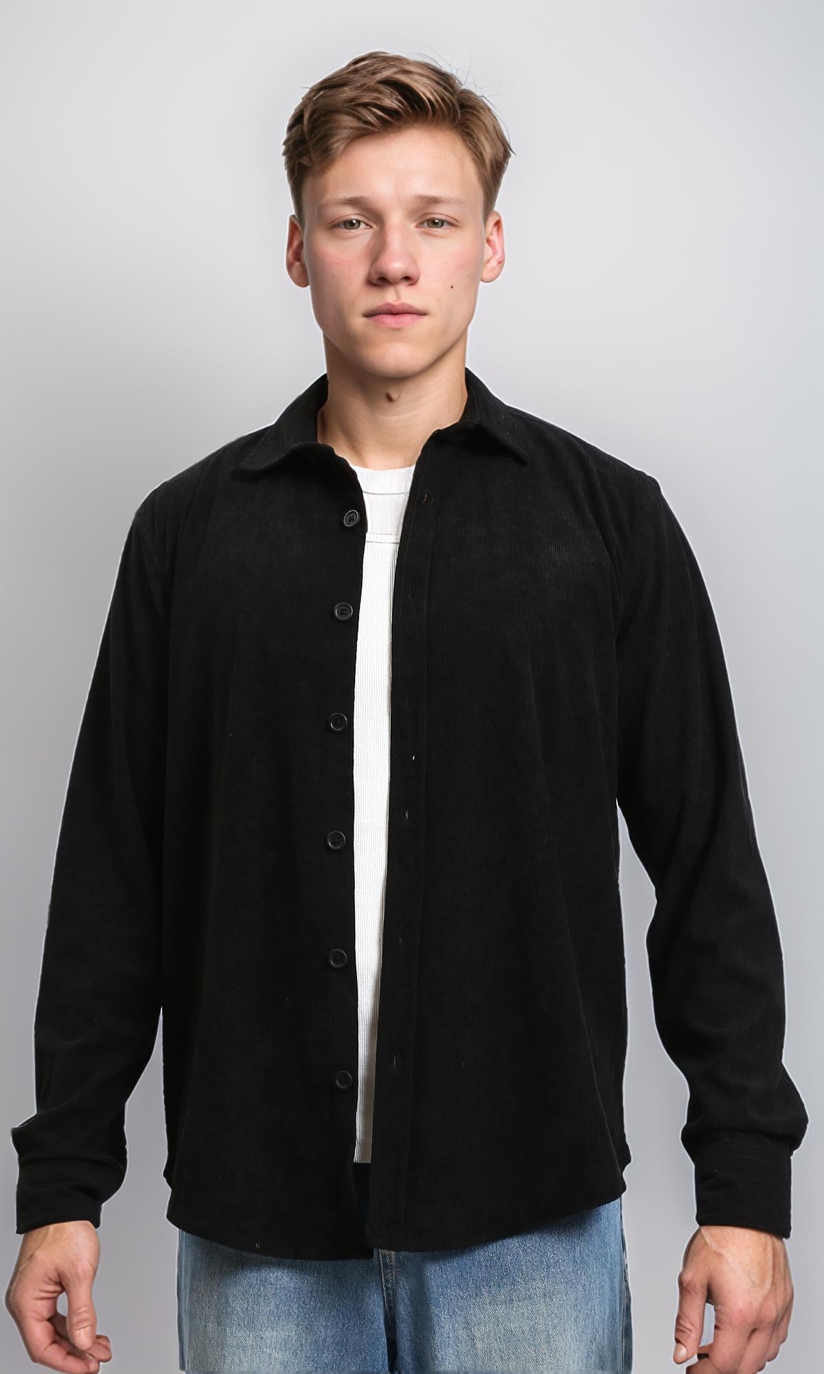 Buttons Down Suede Long Sleeve Shirt - Black