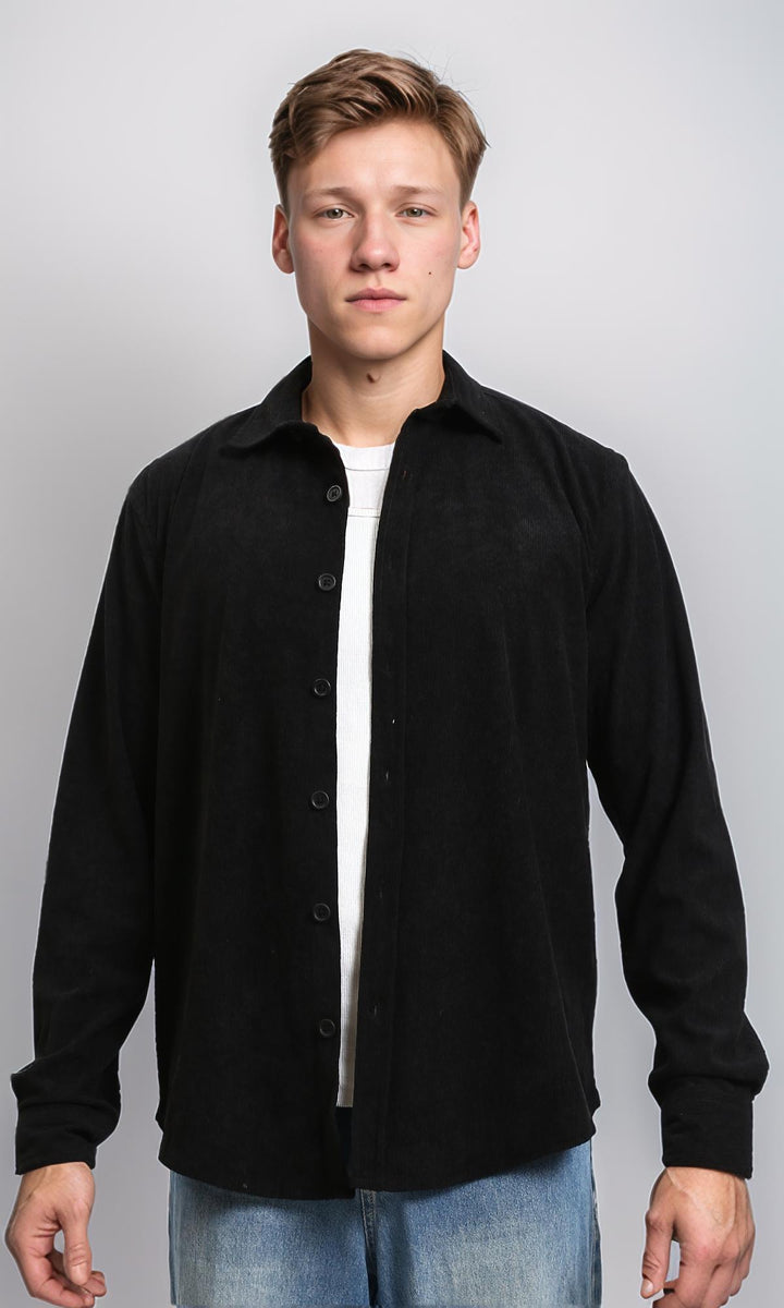 Buttons Down Suede Long Sleeve Shirt - Black