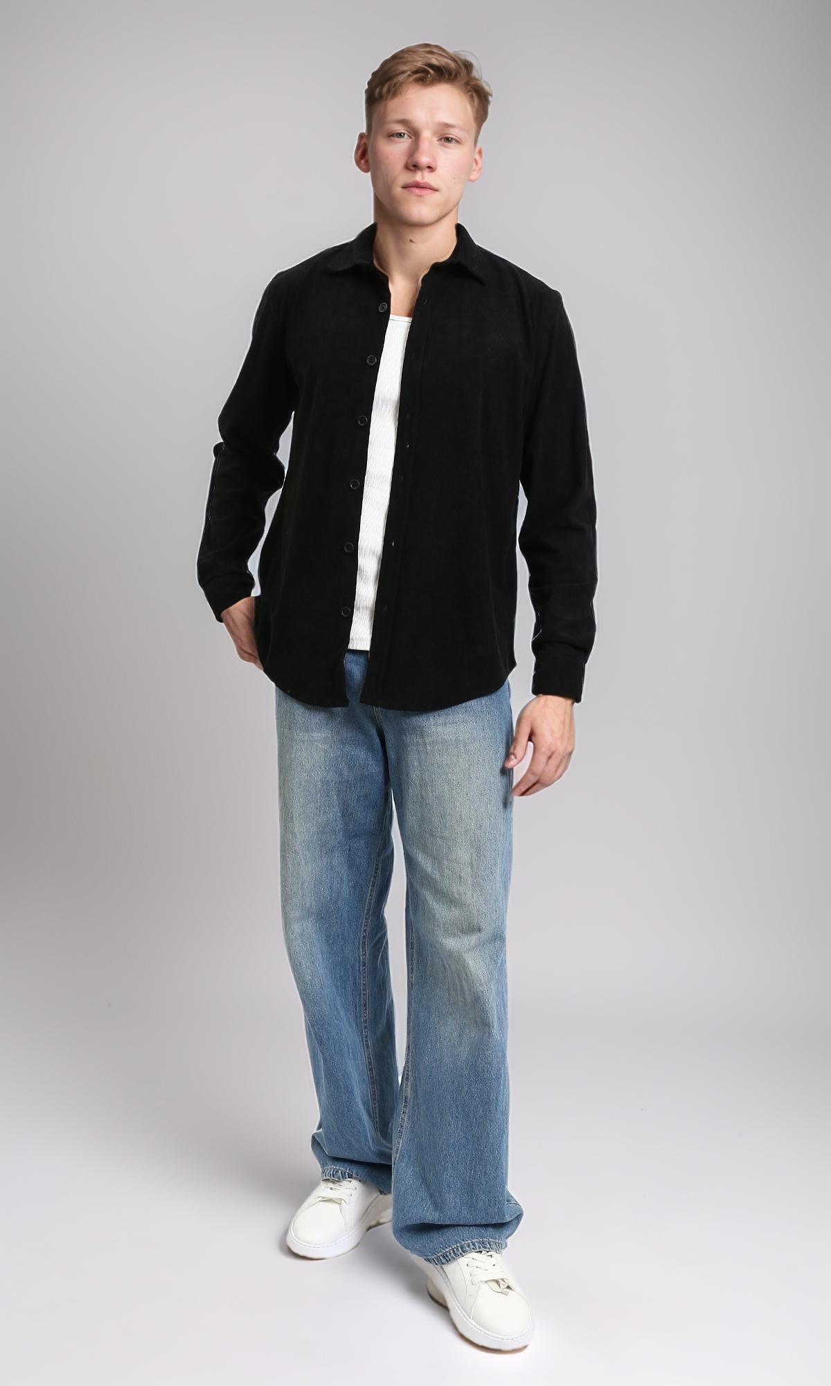 R214895 - Buttons Down Suede Long Sleeve Shirt - Black