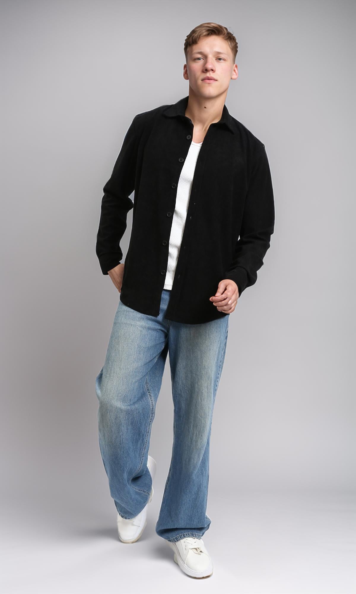 R214895 - Buttons Down Suede Long Sleeve Shirt - Black