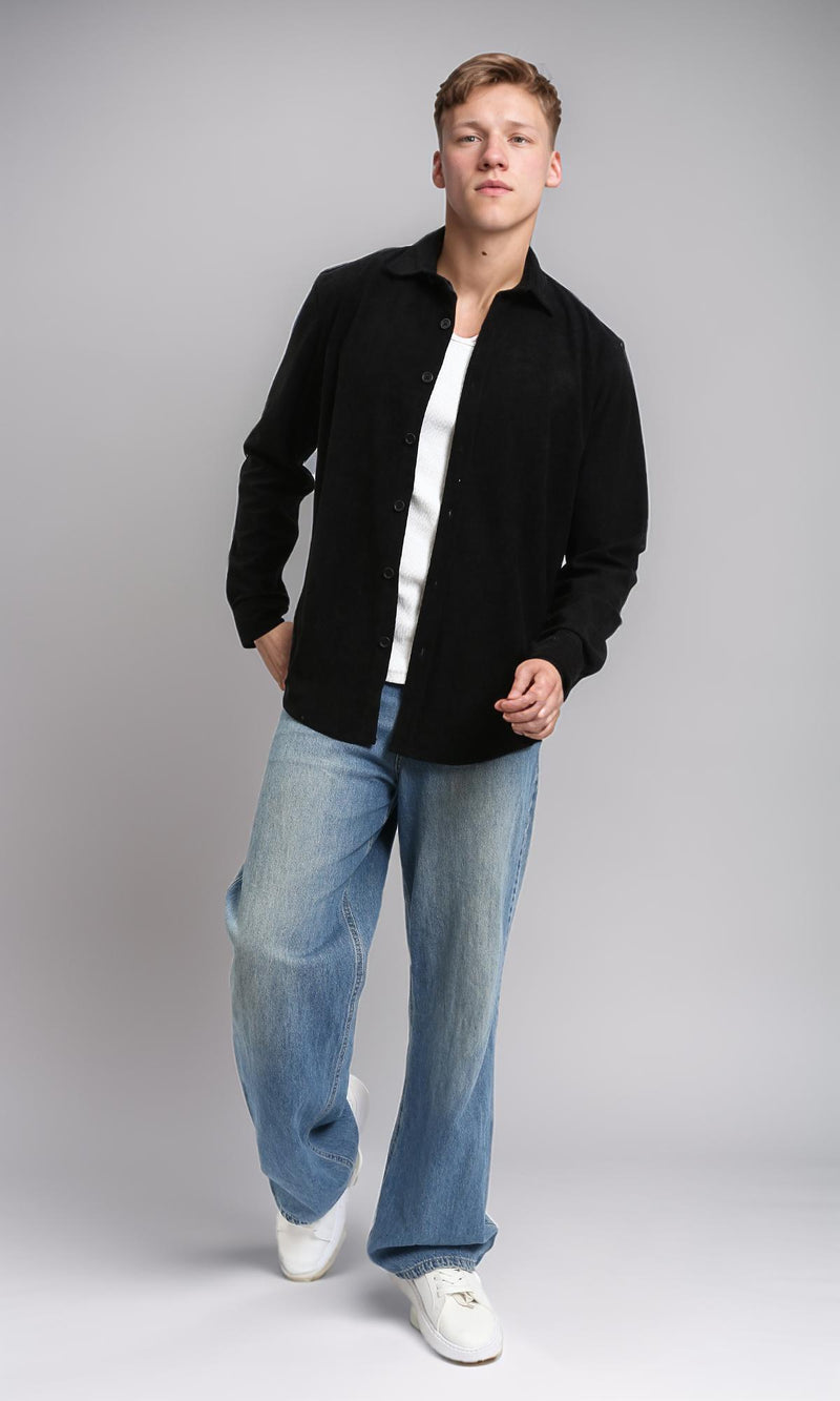 R214895 - Buttons Down Suede Long Sleeve Shirt - Black