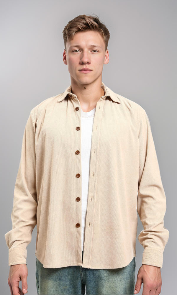 R214896 - Buttons Down Suede Long Sleeve Shirt - Beige