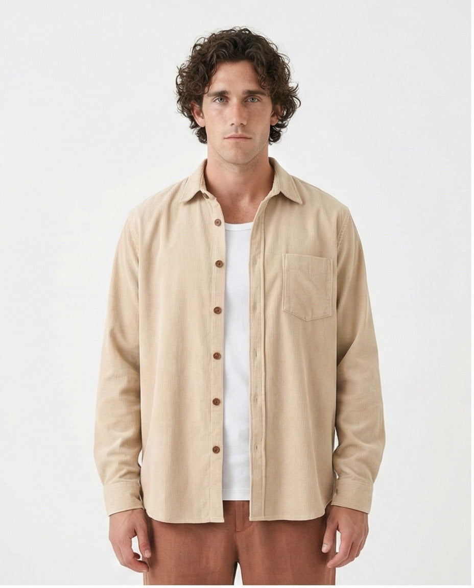 Buttons Down Suede Long Sleeve Shirt - Beige