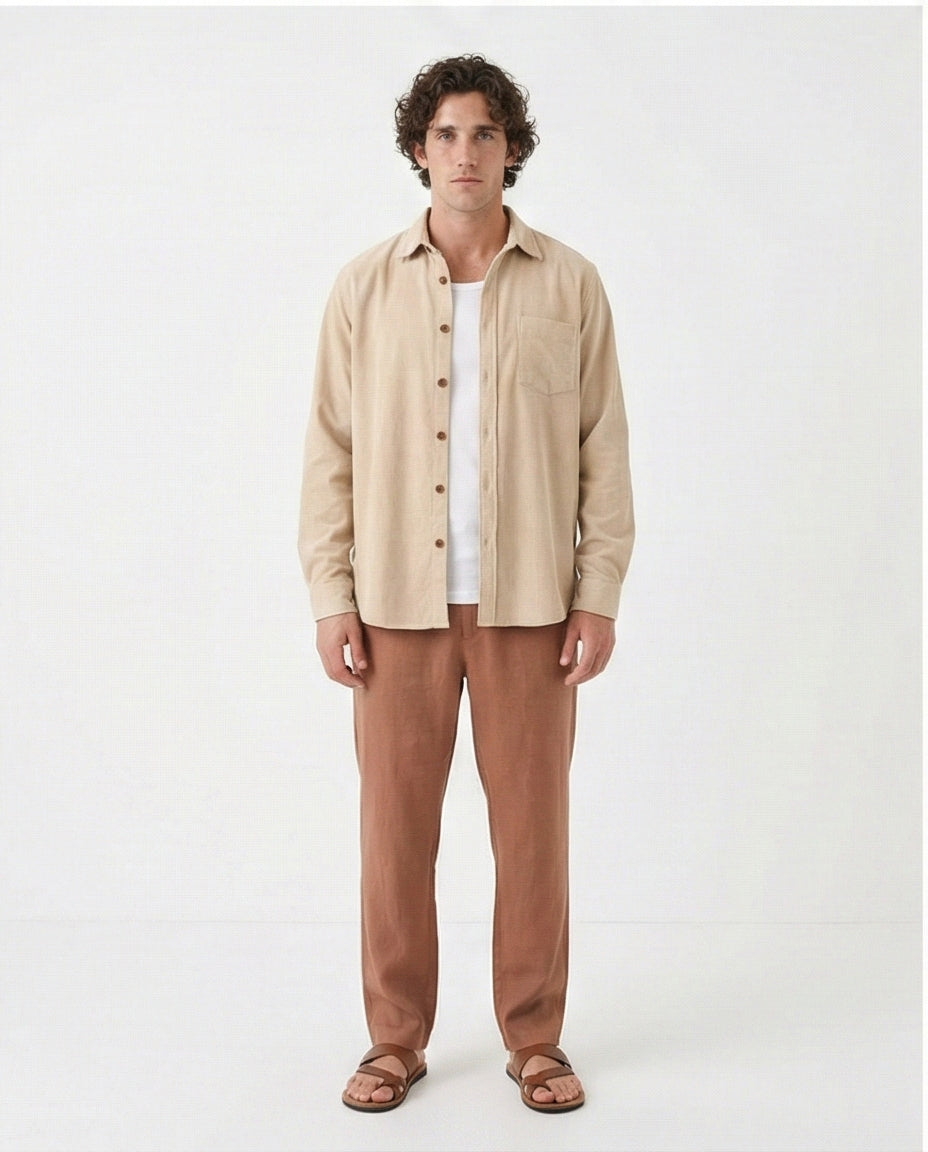 R214896 - Buttons Down Suede Long Sleeve Shirt - Beige