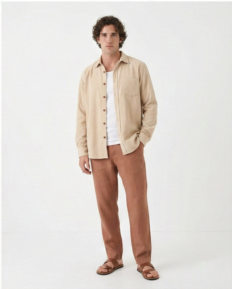 R214896 - Buttons Down Suede Long Sleeve Shirt - Beige