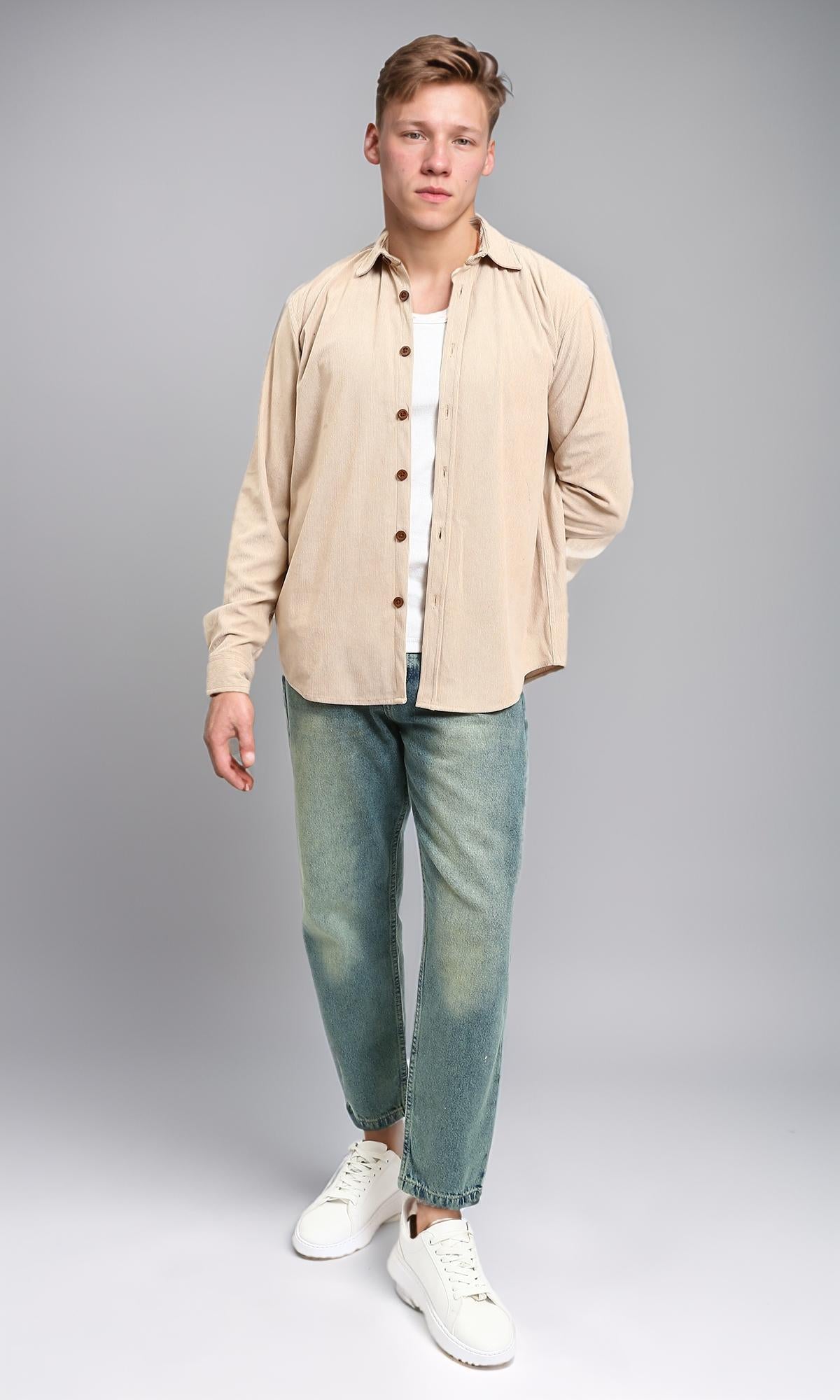 R214896 - Buttons Down Suede Long Sleeve Shirt - Beige