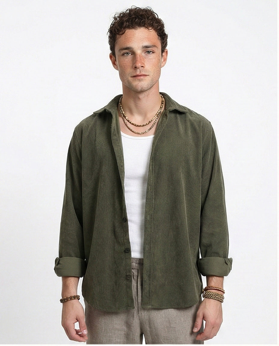Buttons Down Suede Long Sleeve Shirt - Army