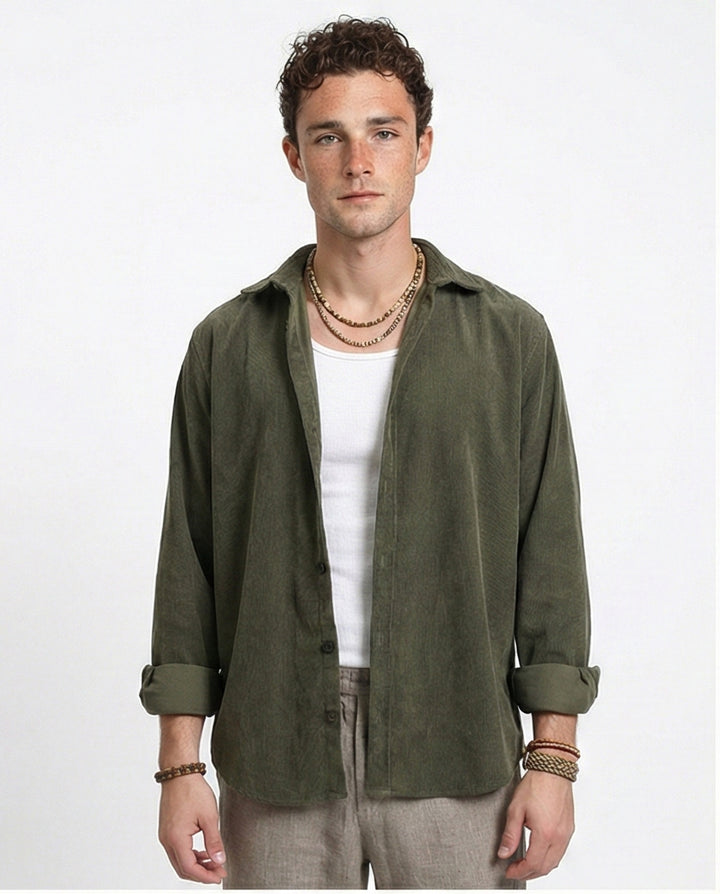 Buttons Down Suede Long Sleeve Shirt - Army