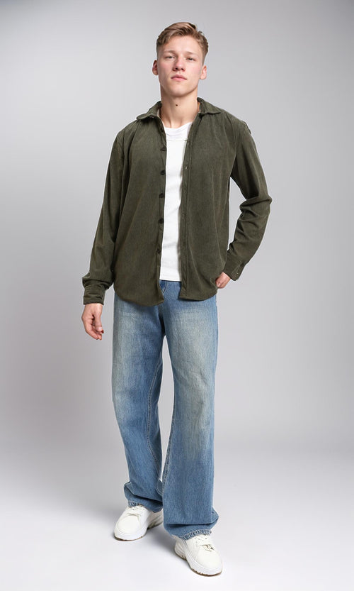 R214897 - Buttons Down Suede Long Sleeve Shirt - Army