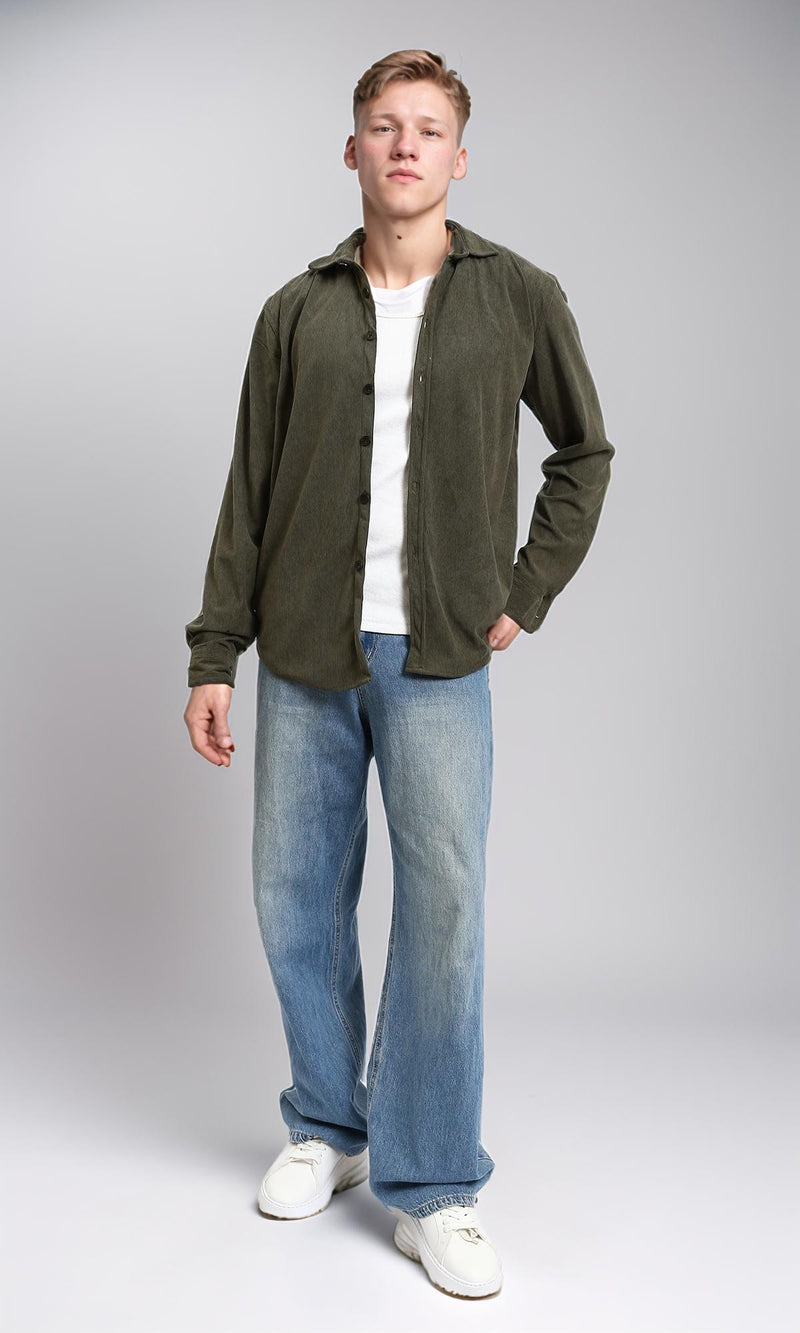 R214897 - Buttons Down Suede Long Sleeve Shirt - Army