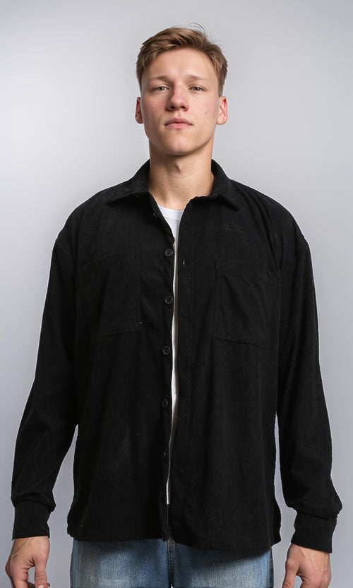 R214898 - Suede Long Sleeve Shirt with Front Pockets - Black