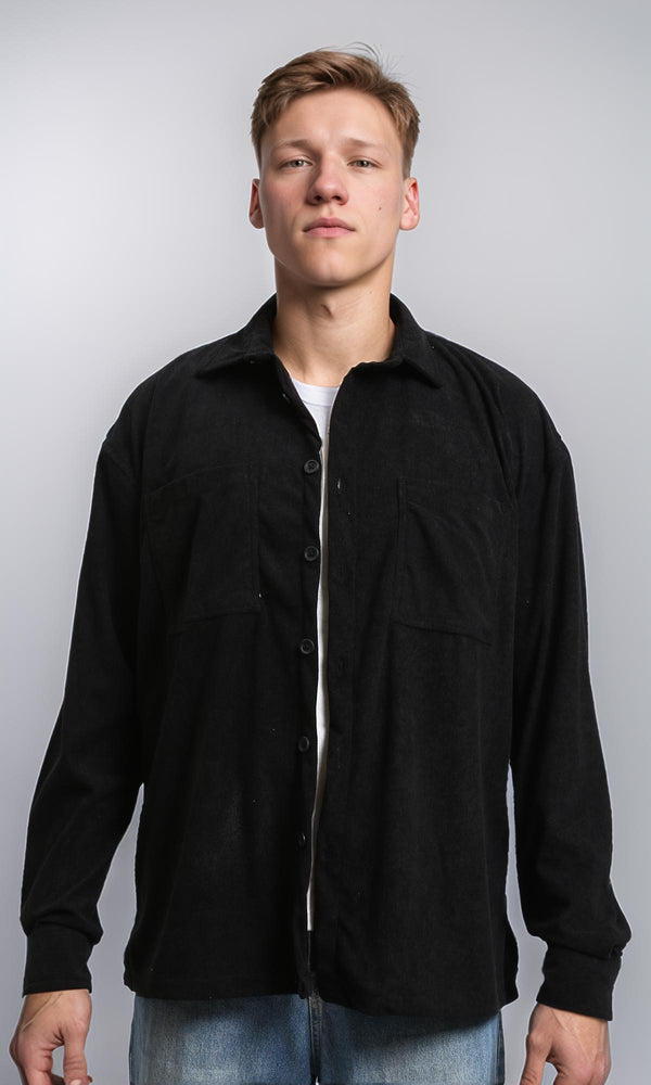 R214898 - Suede Long Sleeve Shirt with Front Pockets - Black
