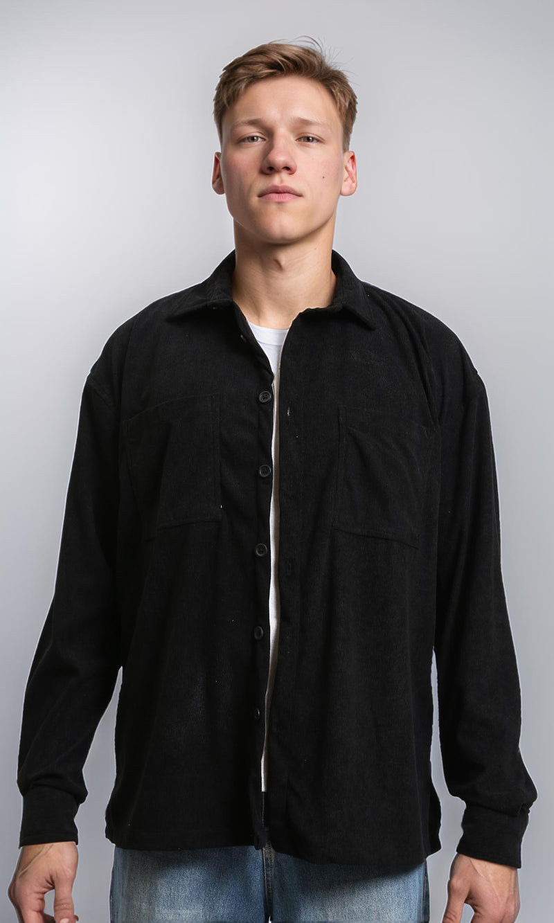 R214898 - Suede Long Sleeve Shirt with Front Pockets - Black