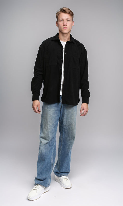 R214898 - Suede Long Sleeve Shirt with Front Pockets - Black