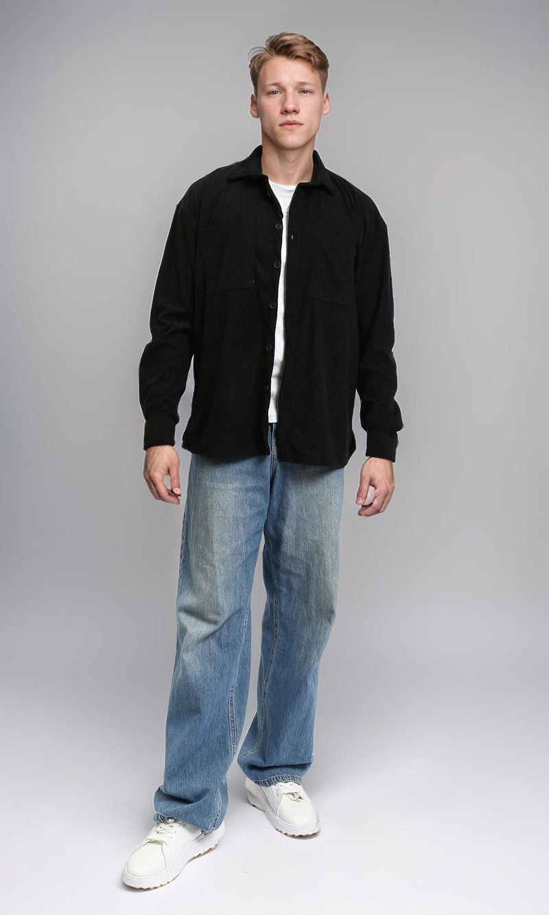 R214898 - Suede Long Sleeve Shirt with Front Pockets - Black