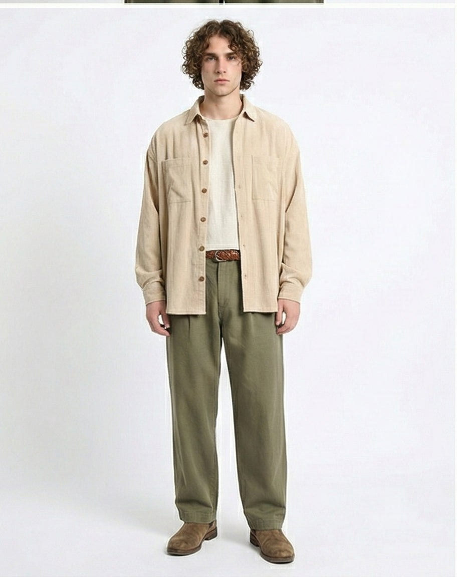 R214899 - Casual Long Sleeve Ribbed Shirt - Beige